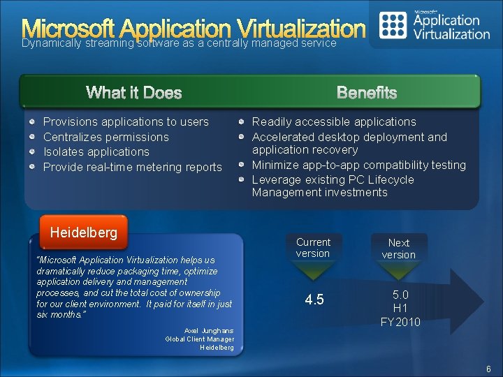 Microsoft Application Virtualization Dynamically streaming software as a centrally managed service Provisions applications to