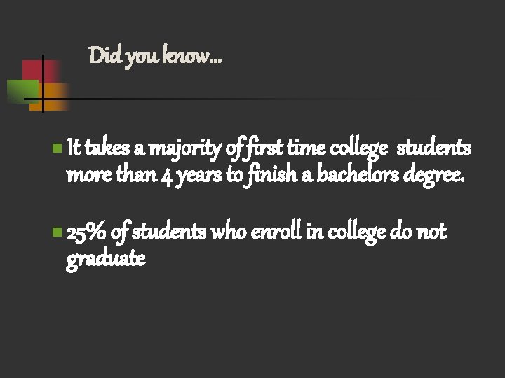 Did you know… n It takes a majority of first time college students more