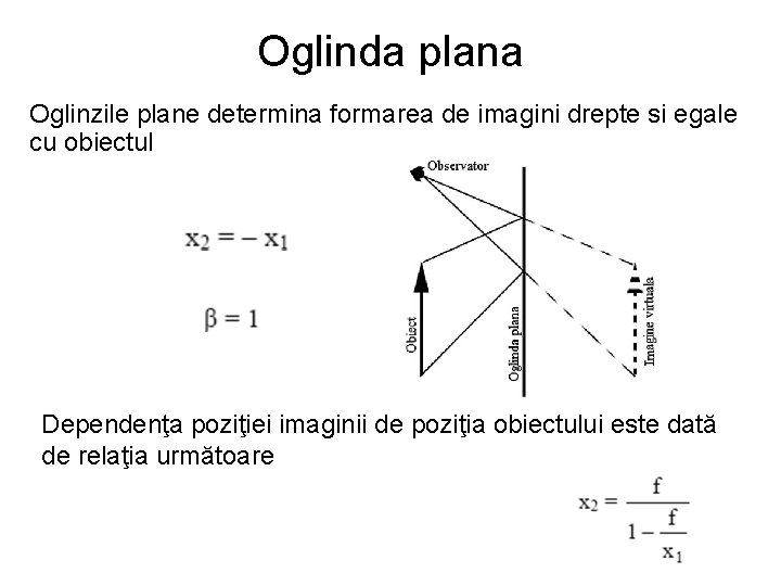 Oglinda plana Oglinzile plane determina formarea de imagini drepte si egale cu obiectul Dependenţa