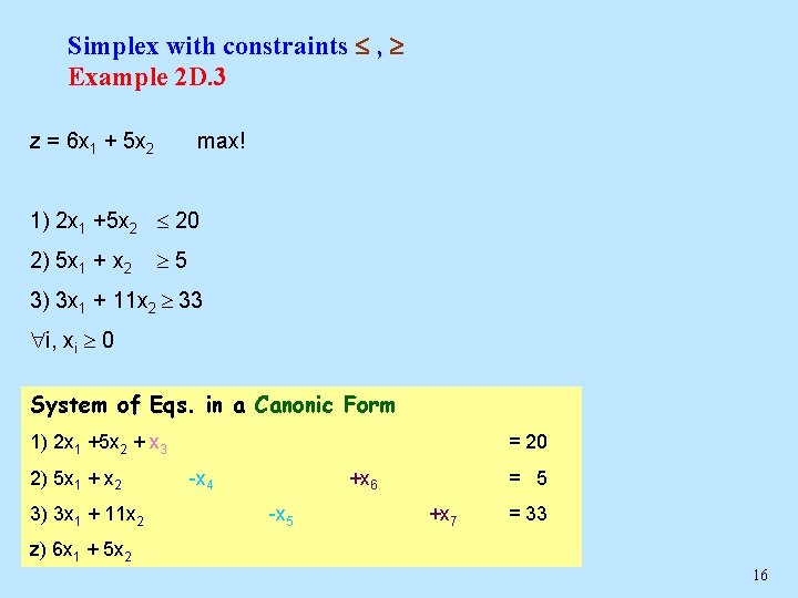 Simplex with constraints , Example 2 D. 3 z = 6 x 1 +