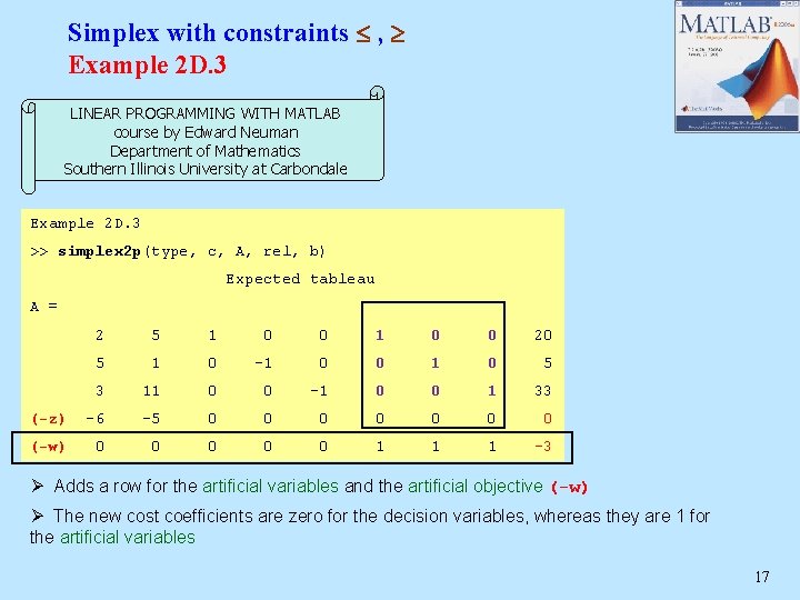 Simplex with constraints , Example 2 D. 3 LINEAR PROGRAMMING WITH MATLAB course by