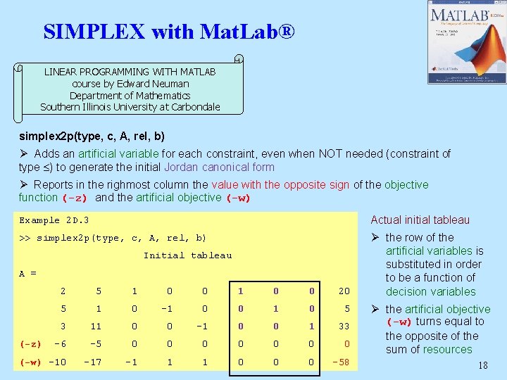 SIMPLEX with Mat. Lab® LINEAR PROGRAMMING WITH MATLAB course by Edward Neuman Department of