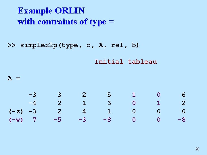 Example ORLIN with contraints of type = >> simplex 2 p(type, c, A, rel,