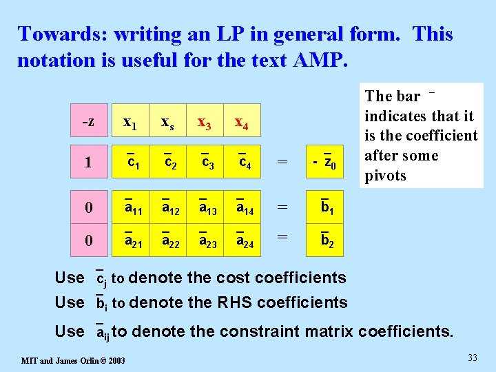 Towards: writing an LP in general form. This notation is useful for the text