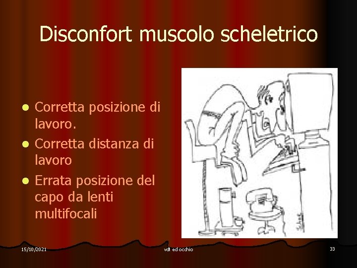 Disconfort muscolo scheletrico Corretta posizione di lavoro. l Corretta distanza di lavoro l Errata