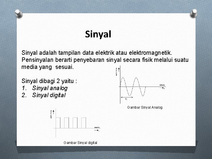 Sinyal adalah tampilan data elektrik atau elektromagnetik. Pensinyalan berarti penyebaran sinyal secara fisik melalui