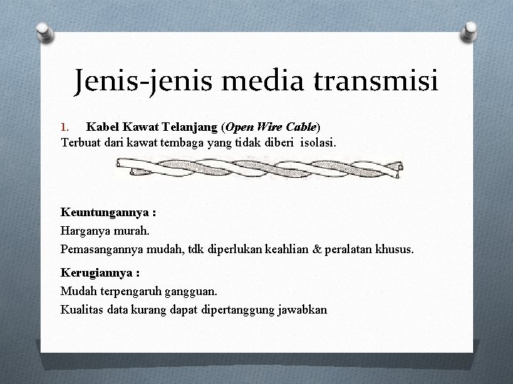 Jenis-jenis media transmisi Kabel Kawat Telanjang (Open Wire Cable) Terbuat dari kawat tembaga yang