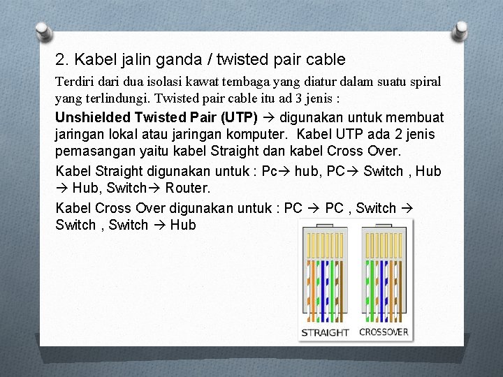 2. Kabel jalin ganda / twisted pair cable Terdiri dari dua isolasi kawat tembaga