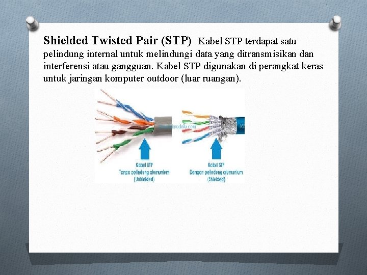 Shielded Twisted Pair (STP) Kabel STP terdapat satu pelindung internal untuk melindungi data yang