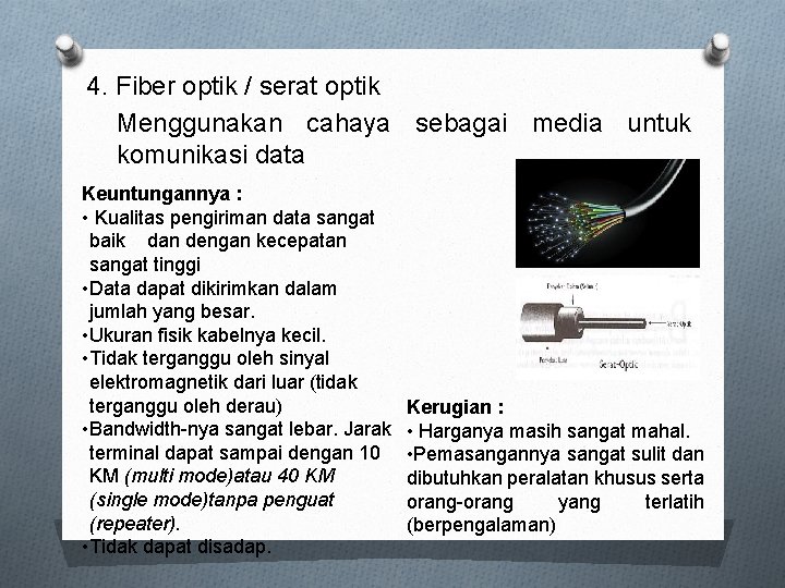 4. Fiber optik / serat optik Menggunakan cahaya sebagai media untuk komunikasi data Keuntungannya