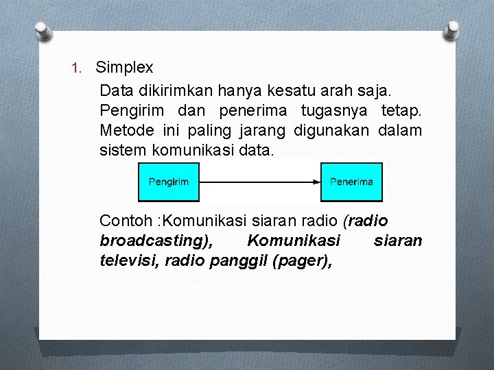 1. Simplex Data dikirimkan hanya kesatu arah saja. Pengirim dan penerima tugasnya tetap. Metode