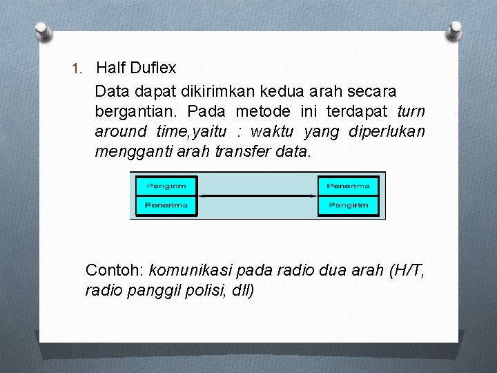 1. Half Duflex Data dapat dikirimkan kedua arah secara bergantian. Pada metode ini terdapat