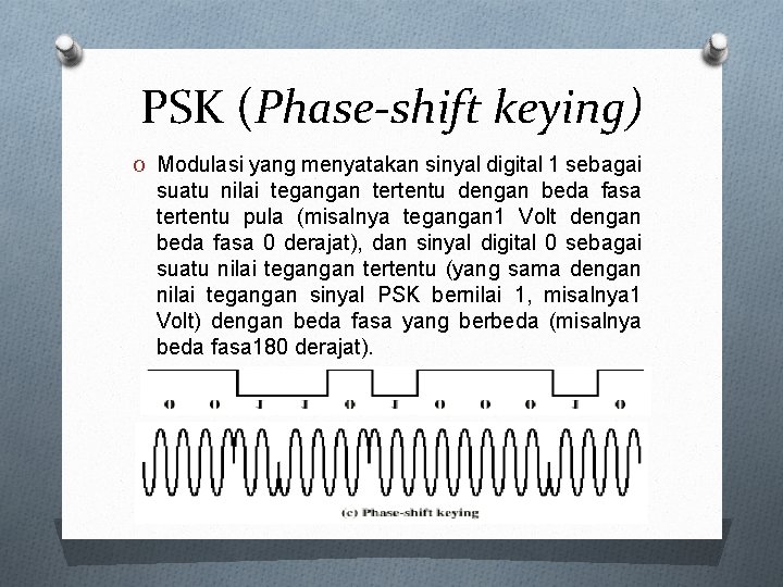 PSK (Phase-shift keying) O Modulasi yang menyatakan sinyal digital 1 sebagai suatu nilai tegangan