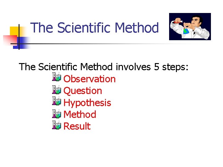 The Scientific Method involves 5 steps: Observation Question Hypothesis Method Result 