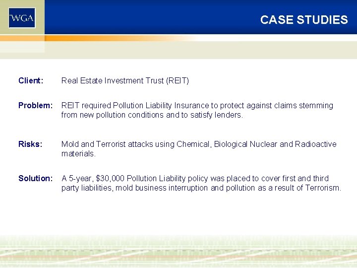 CASE STUDIES Client: Real Estate Investment Trust (REIT) Problem: REIT required Pollution Liability Insurance CASE STUDIES Client: Real Estate Investment Trust (REIT) Problem: REIT required Pollution Liability Insurance
