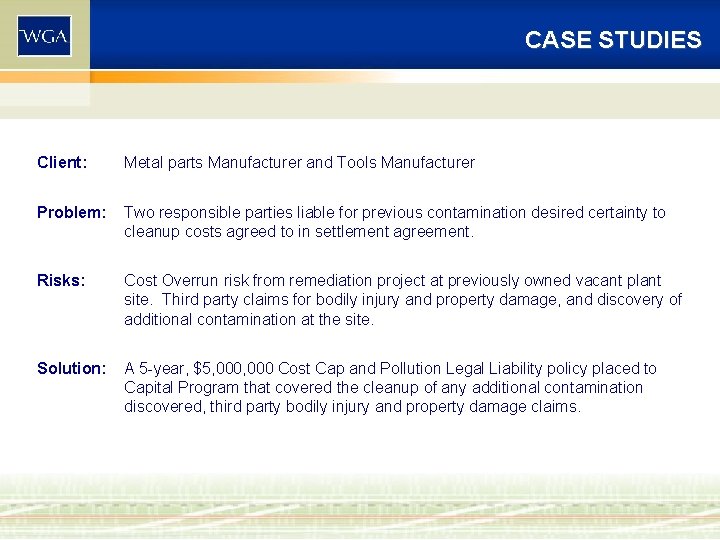 CASE STUDIES Client: Metal parts Manufacturer and Tools Manufacturer Problem: Two responsible parties liable CASE STUDIES Client: Metal parts Manufacturer and Tools Manufacturer Problem: Two responsible parties liable