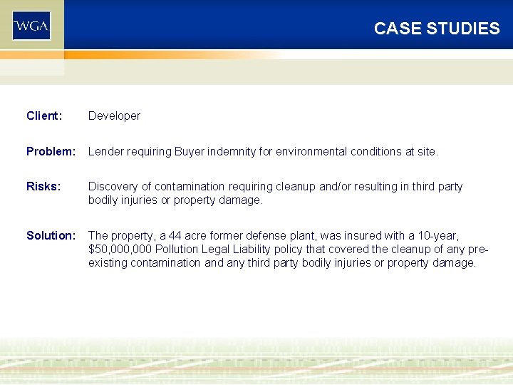 CASE STUDIES Client: Developer Problem: Lender requiring Buyer indemnity for environmental conditions at site. CASE STUDIES Client: Developer Problem: Lender requiring Buyer indemnity for environmental conditions at site.
