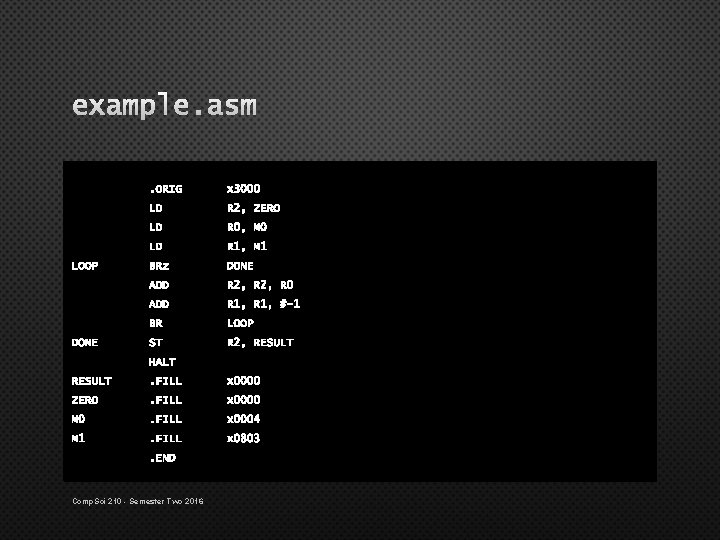 example. asm LOOP DONE . ORIG X 3000 LD R 2, ZERO LD R