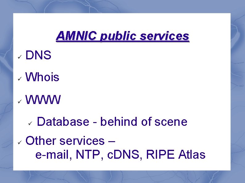 AMNIC public services DNS Whois WWW Database - behind of scene Other services –