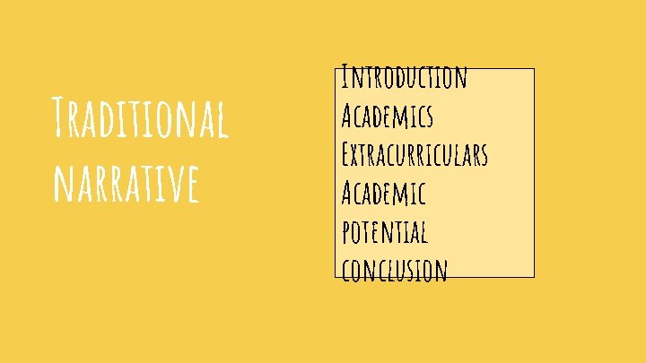 Traditional narrative Introduction Academics Extracurriculars Academic potential conclusion 