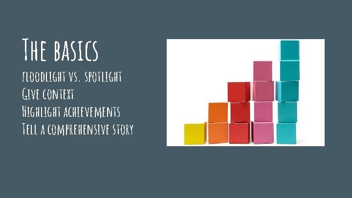 The basics floodlight vs. spotlight Give context Highlight achievements Tell a comprehensive story 