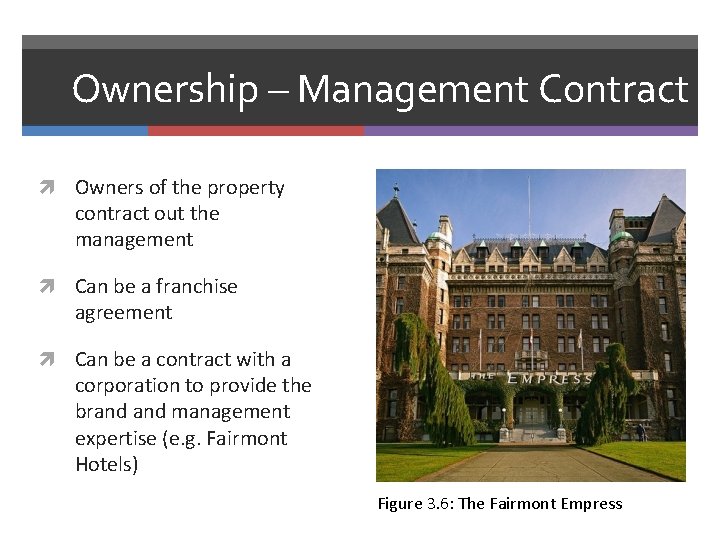 Ownership – Management Contract Owners of the property contract out the management Can be