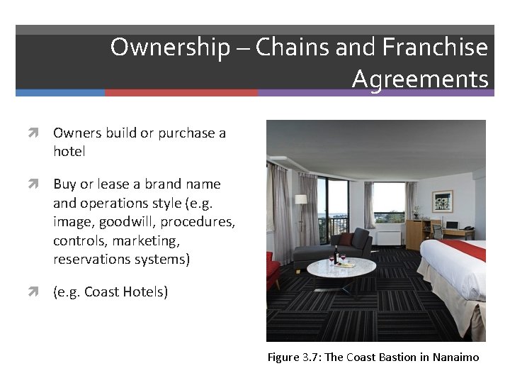 Ownership – Chains and Franchise Agreements Owners build or purchase a hotel Buy or