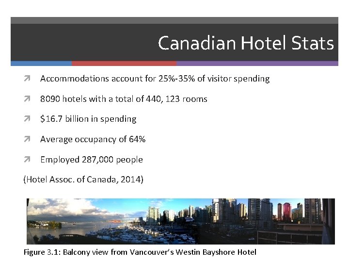 Canadian Hotel Stats Accommodations account for 25%-35% of visitor spending 8090 hotels with a