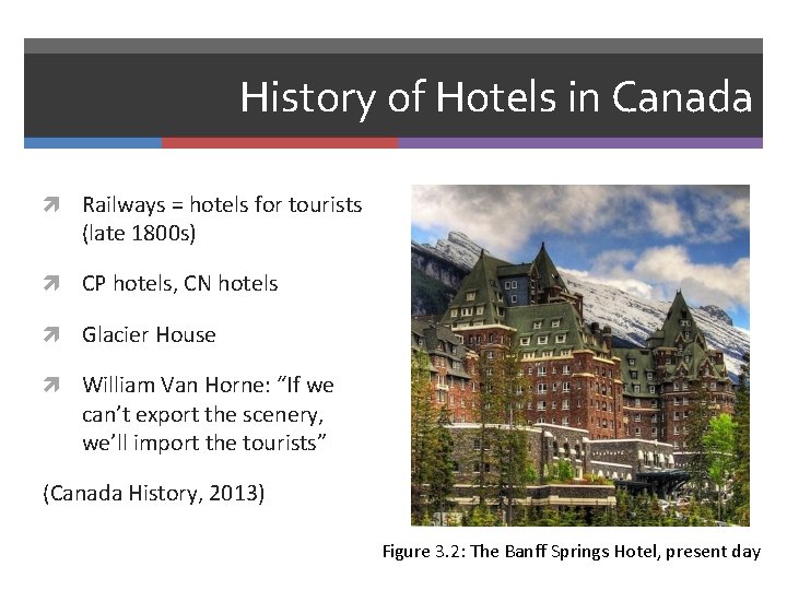 History of Hotels in Canada Railways = hotels for tourists (late 1800 s) CP
