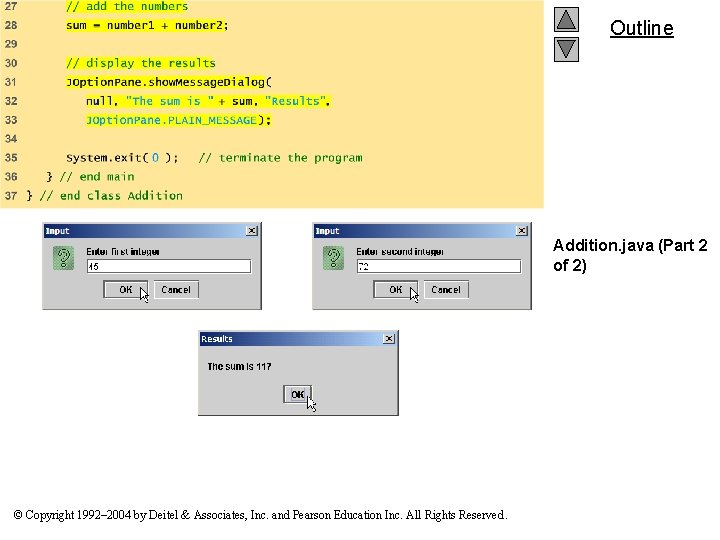 Outline Addition. java (Part 2 of 2) © Copyright 1992– 2004 by Deitel &