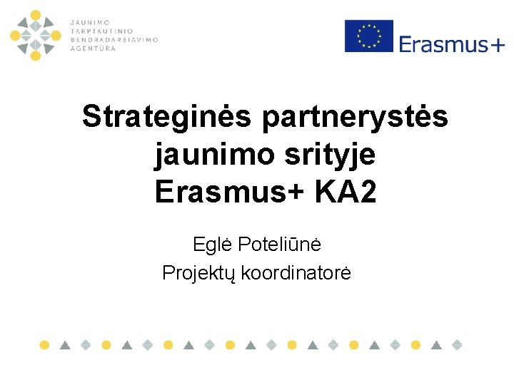 Strateginės partnerystės jaunimo srityje Erasmus+ KA 2 Eglė Poteliūnė Projektų koordinatorė 