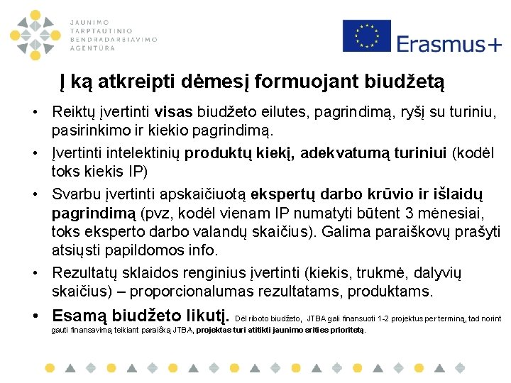 Į ką atkreipti dėmesį formuojant biudžetą • Reiktų įvertinti visas biudžeto eilutes, pagrindimą, ryšį