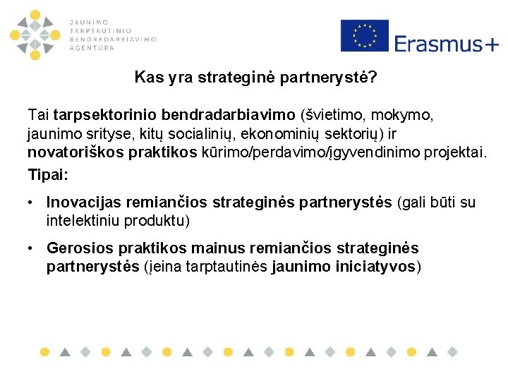 Kas yra strateginė partnerystė? Tai tarpsektorinio bendradarbiavimo (švietimo, mokymo, jaunimo srityse, kitų socialinių, ekonominių