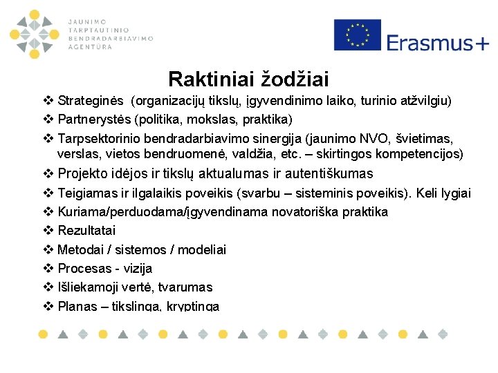 Raktiniai žodžiai v Strateginės (organizacijų tikslų, įgyvendinimo laiko, turinio atžvilgiu) v Partnerystės (politika, mokslas,