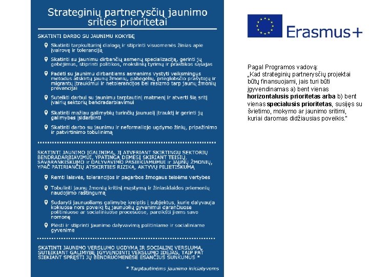 Pagal Programos vadovą: „Kad strateginių partnerysčių projektai būtų finansuojami, jais turi būti įgyvendinamas a)