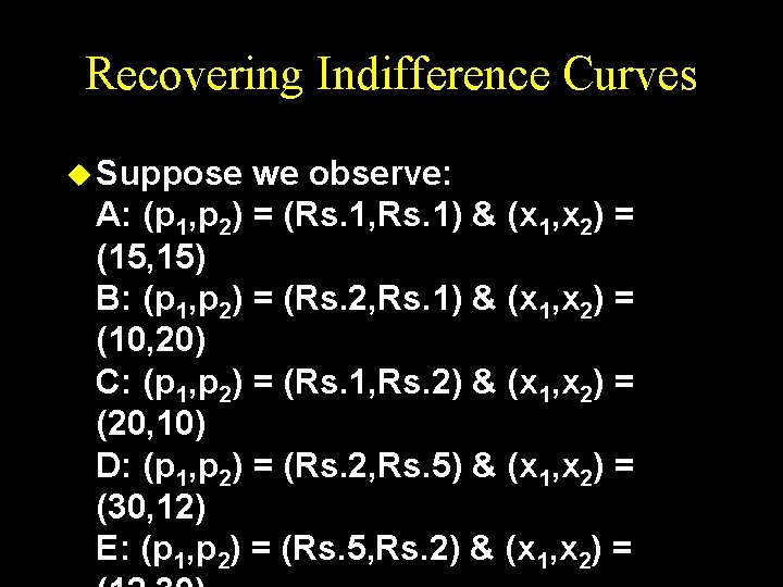 Recovering Indifference Curves u Suppose we observe: A: (p 1, p 2) = (Rs.