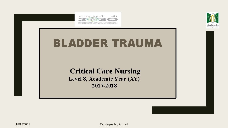 BLADDER TRAUMA Critical Care Nursing Level 8, Academic Year (AY) 2017 -2018 10/16/2021 Dr: