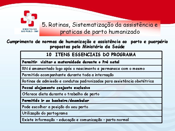 5. Rotinas, Sistematização da assistência e praticas de parto humanizado Cumprimento de normas de