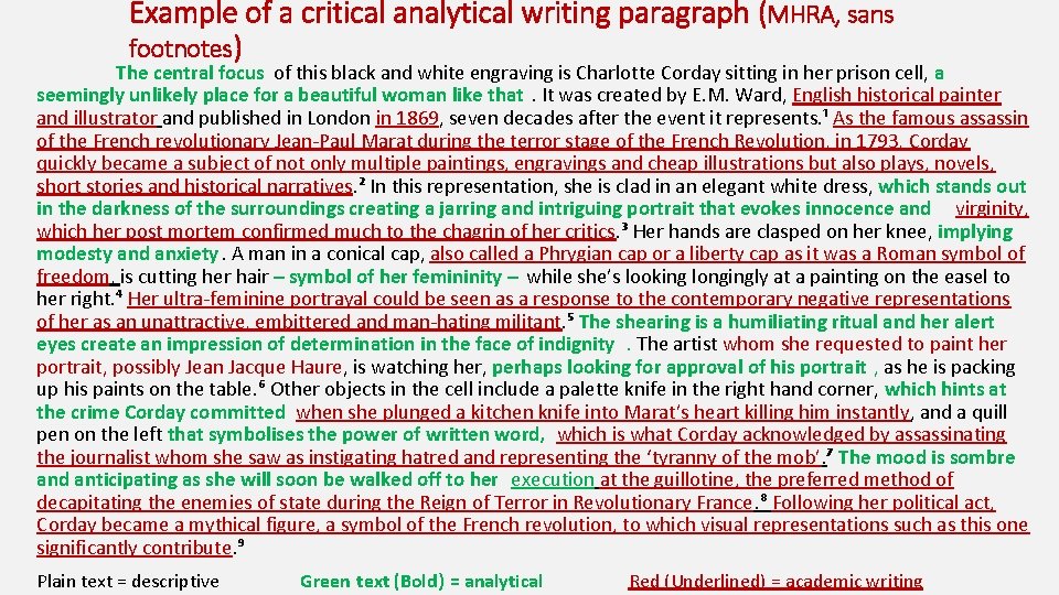Example of a critical analytical writing paragraph (MHRA, sans footnotes) The central focus of