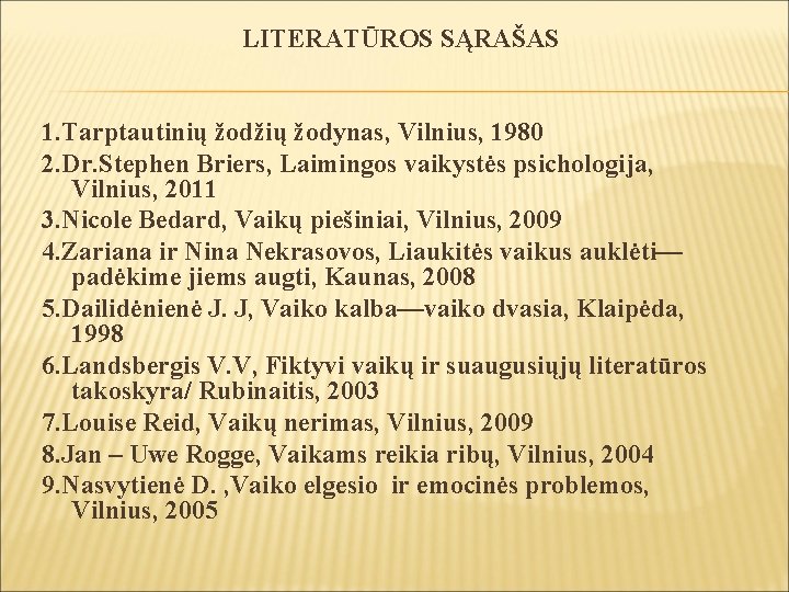 LITERATŪROS SĄRAŠAS 1. Tarptautinių žodžių žodynas, Vilnius, 1980 2. Dr. Stephen Briers, Laimingos vaikystės