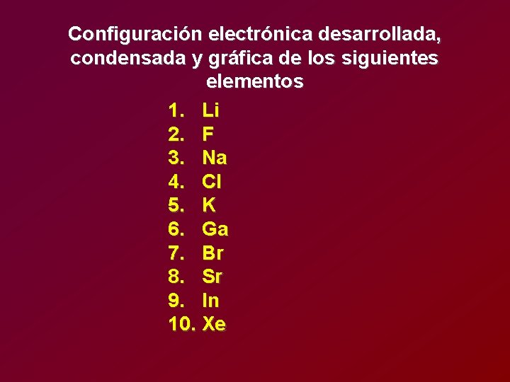 Configuración electrónica desarrollada, condensada y gráfica de los siguientes elementos 1. Li 2. F