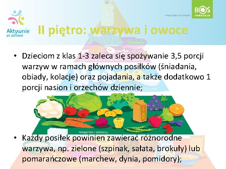 II piętro: warzywa i owoce • Dzieciom z klas 1 -3 zaleca się spożywanie