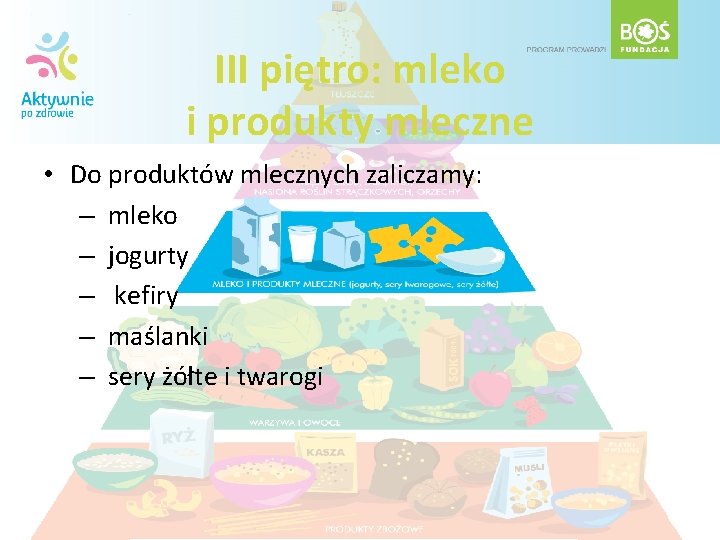 III piętro: mleko i produkty mleczne • Do produktów mlecznych zaliczamy: – mleko –