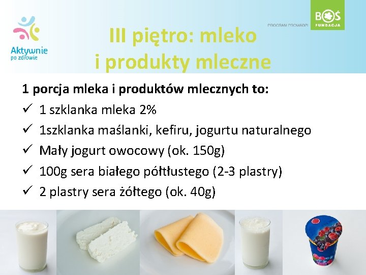 III piętro: mleko i produkty mleczne 1 porcja mleka i produktów mlecznych to: ü