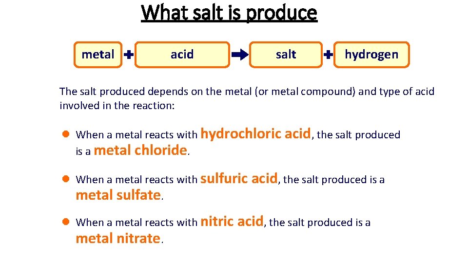 What salt is produce metal hydrochloric sulfuric nitric acid metal salt chloride sulfate nitrate