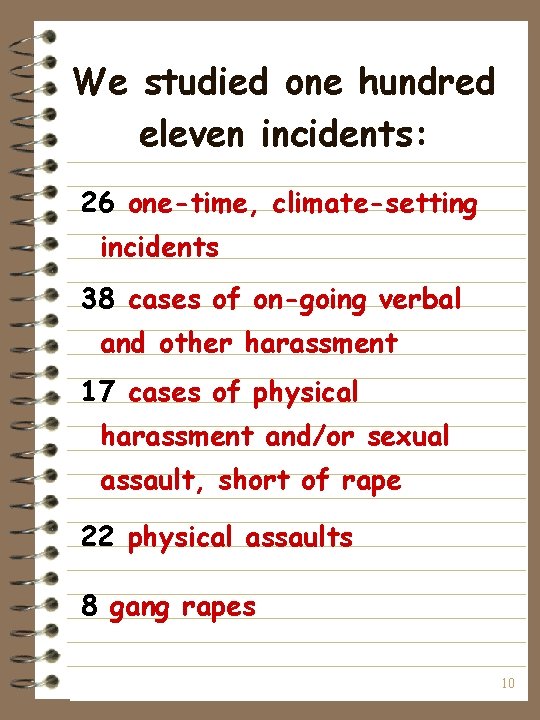 We studied one hundred eleven incidents: 26 one-time, climate-setting incidents 38 cases of on-going