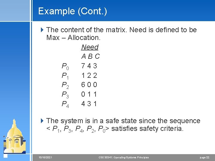 Example (Cont. ) 4 The content of the matrix. Need is defined to be