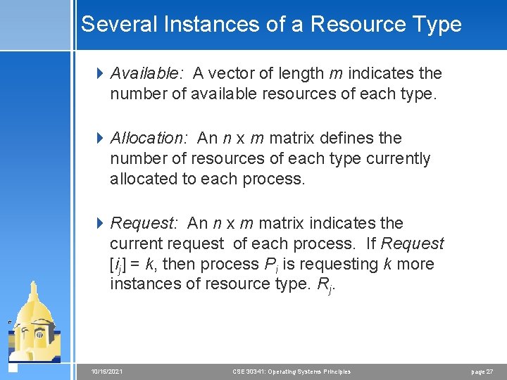 Several Instances of a Resource Type 4 Available: A vector of length m indicates