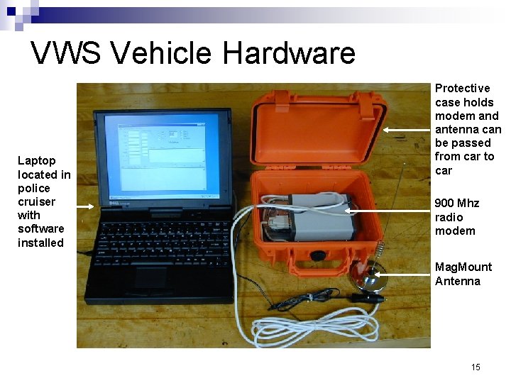 VWS Vehicle Hardware Laptop located in police cruiser with software installed Protective case holds