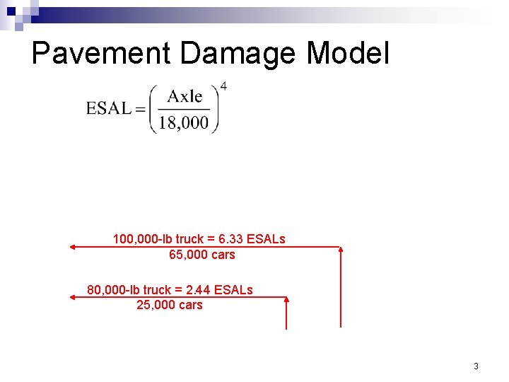Pavement Damage Model 100, 000 -lb truck = 6. 33 ESALs 65, 000 cars